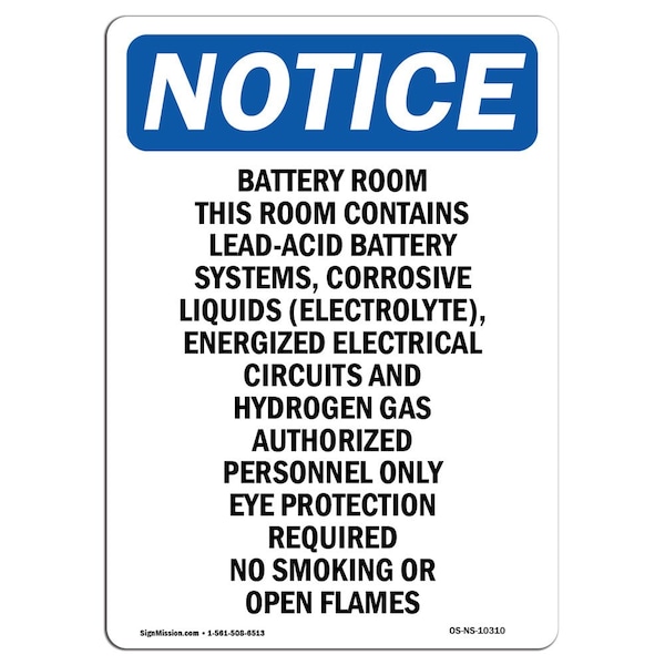 Safety Sign, OSHA Notice, 5" Height, Battery Room This Room Contains Sign, Portrait, 10PK